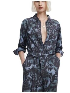 Desigual Sena Tie Waist Long Sleeve Jumpsuit, Gray Print, L (10/12)
